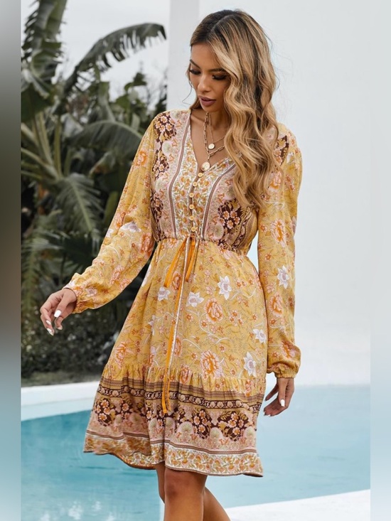 Dresses & Skirts - Floral Button Up V-Neck Long Sleeve Yellow Boho Dress